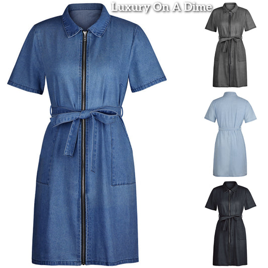 Belted Retro Pocket Denim Dress Collar Short Sleeve Zipper Blue Jean Mini