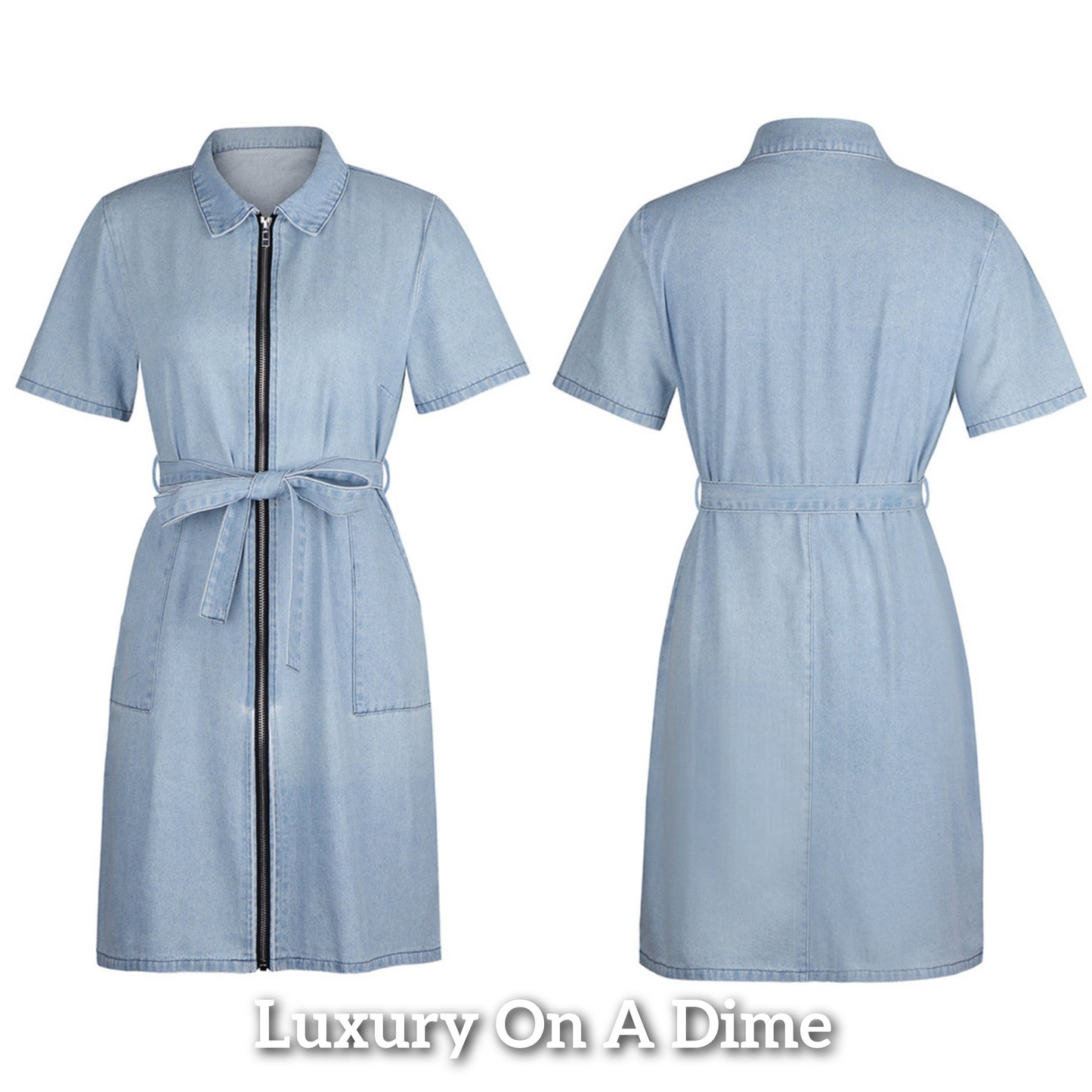 Belted Retro Pocket Denim Dress Collar Short Sleeve Zipper Blue Jean Mini
