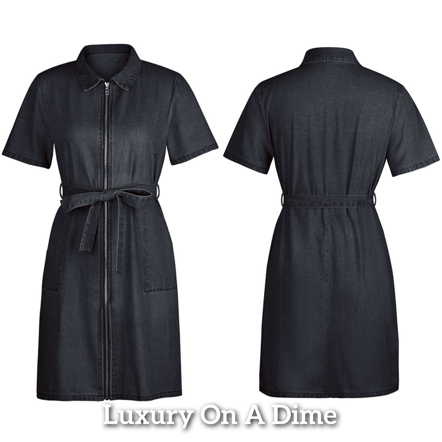 Belted Retro Pocket Denim Dress Collar Short Sleeve Zipper Blue Jean Mini