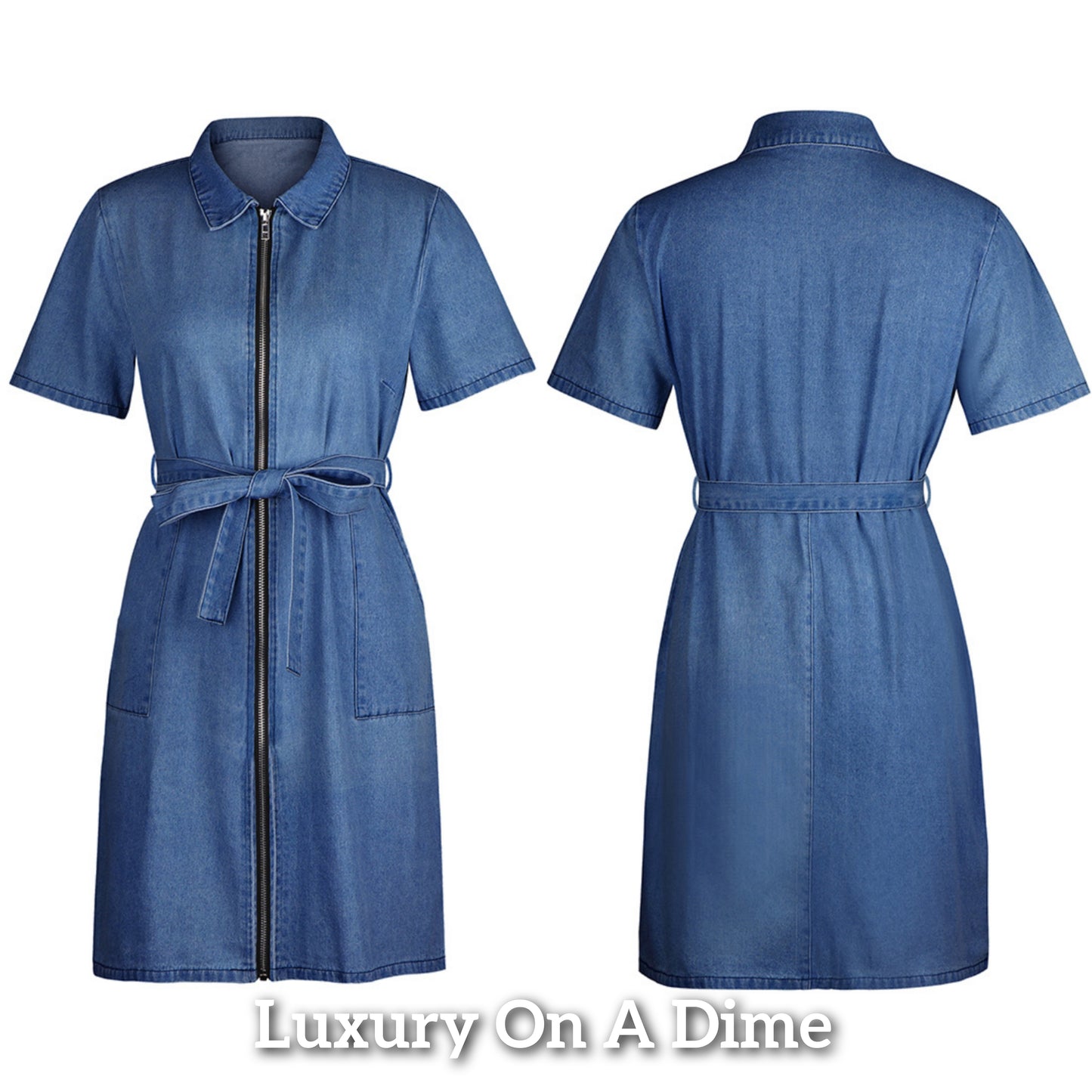 Belted Retro Pocket Denim Dress Collar Short Sleeve Zipper Blue Jean Mini