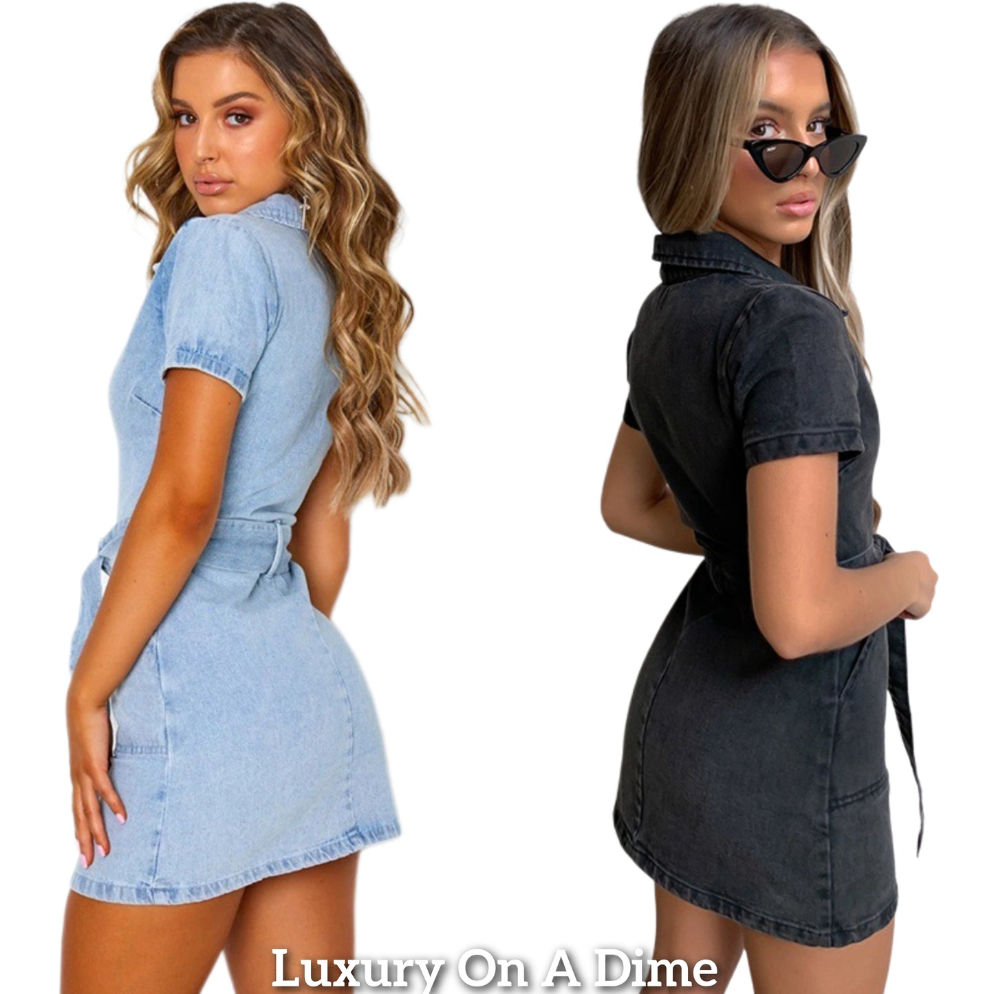 Belted Retro Pocket Denim Dress Collar Short Sleeve Zipper Blue Jean Mini