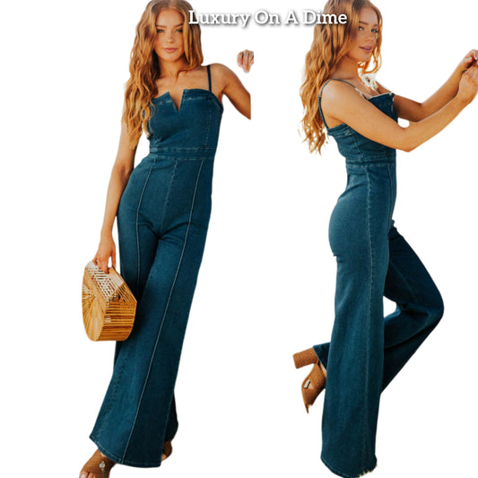 Notched Retro Flare Bell-Bottom Skinny Fit Sleeveless Blue Jean 70’s Denim Jumpsuit