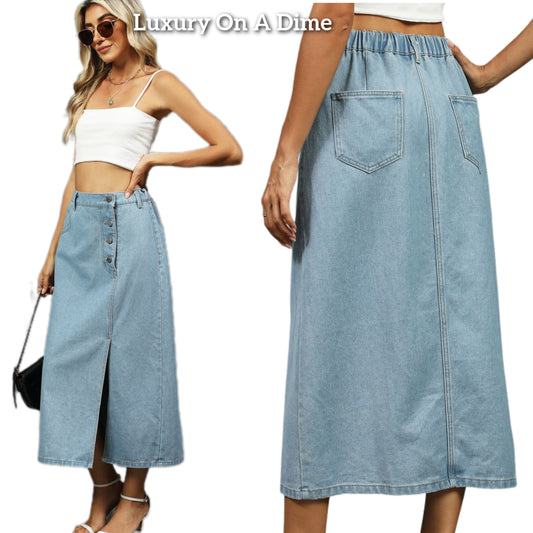 Elastic High-Rise Asymmetrical Button Waist Side Slit Denim Retro Jean Midi Skirt
