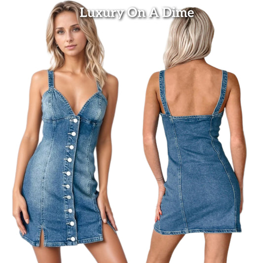 Sleeveless Button Front Dual Slit Hem Retro Blue Jean V-neck Denim Mini Dress