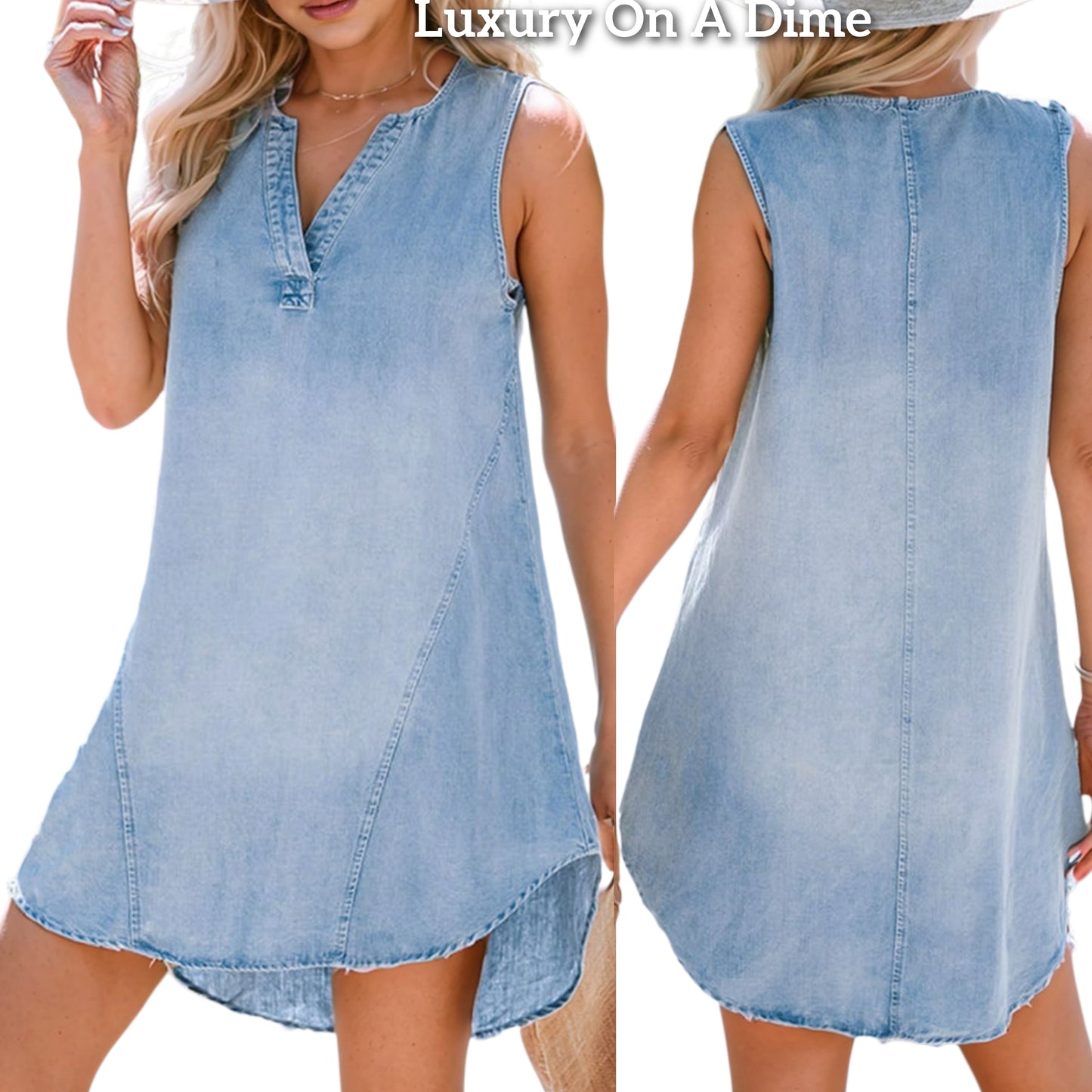Oversized Shirt Jean Dress Split V-neck Sleeveless Round High-Low Denim Mini