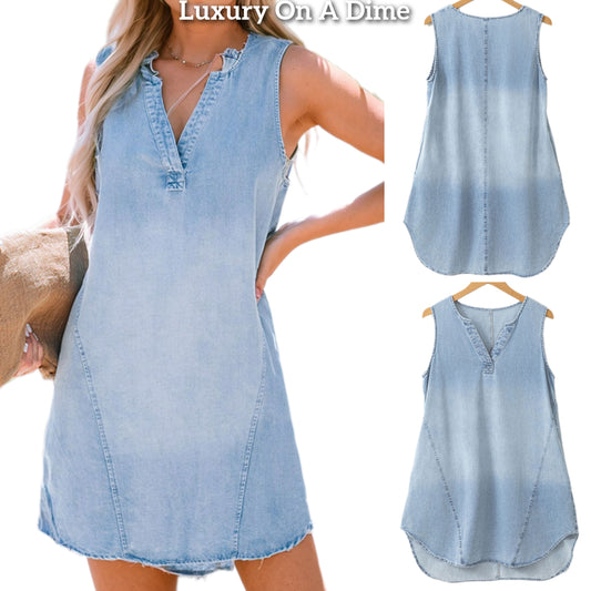 Oversized Shirt Jean Dress Split V-neck Sleeveless Round High-Low Denim Mini