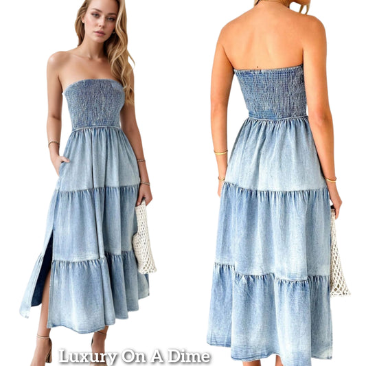 Strapless Denim Smocked Bodice Jean Split Hem Side Pocket Tiered Midi Dress