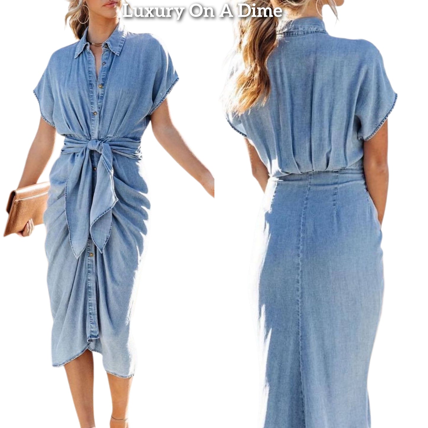 Belted Shirt Dress Denim Oversized Button-Up Short Sleeve Collared Neck Jean Midi