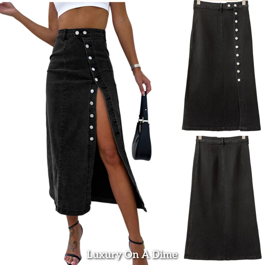 High-Rise Asymmetrical Button-Up Black Demim Front Slit Retro Jean Midi Skirt