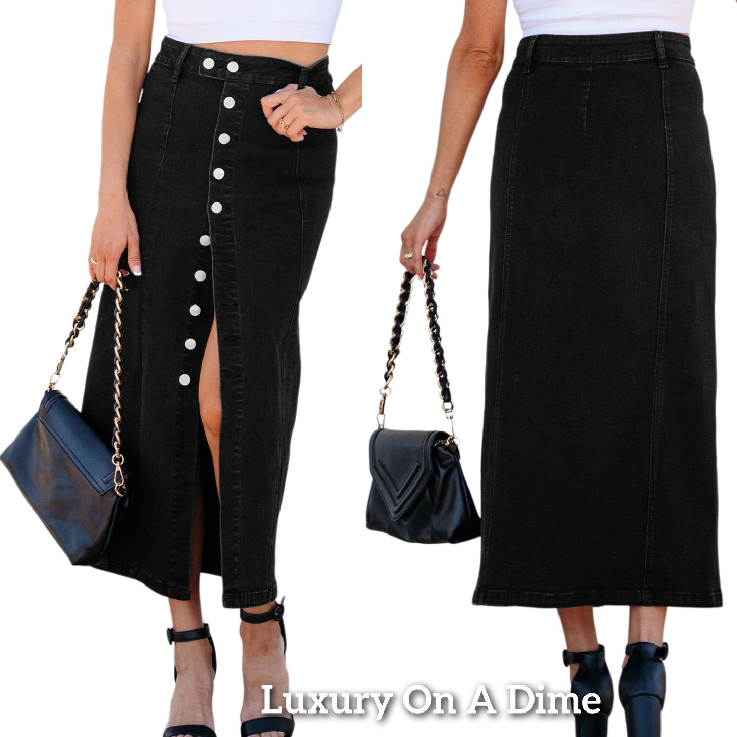 High-Rise Asymmetrical Button-Up Black Demim Front Slit Retro Jean Midi Skirt