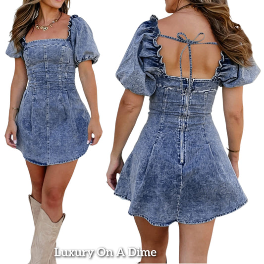Tie Back Babydoll Dress Denim Short Puff Sleeve Square Neck Round Hem Jean Mini