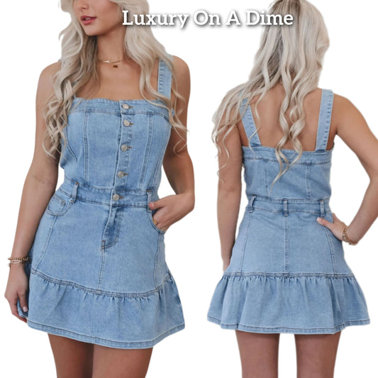 Ruffle Hem Sleeveless Button-Up Retro Blue Jean Square Neck Denim Mini Dress