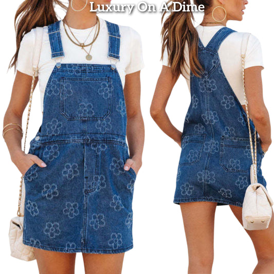 Retro Daisy Floral Bib Overalls Patch Chest Pocket Sleeveless Jean Denim Mini Dress