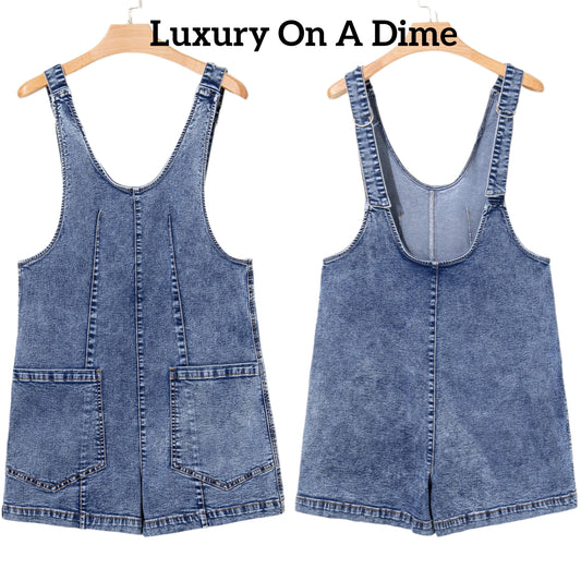 Retro Overalls Patch Pocket Oversized Sleeveless Jean Denim Shorts Romper