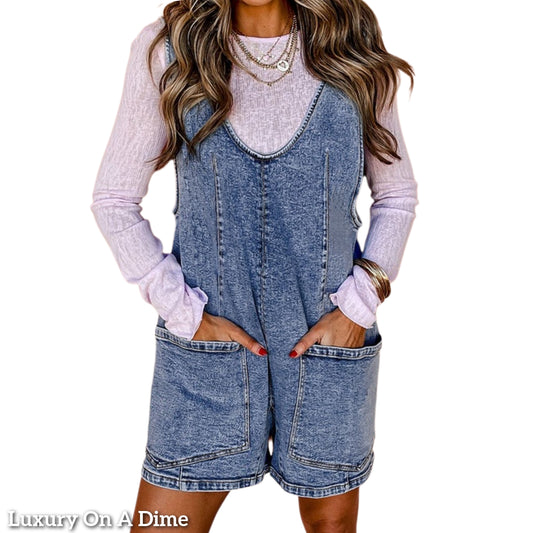 Retro Overalls Patch Pocket Oversized Sleeveless Jean Denim Shorts Romper