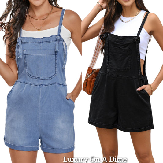 Patch Pocket Overall One-piece Sleeveless Cuffed Retro Jean Shorts Denim Romper