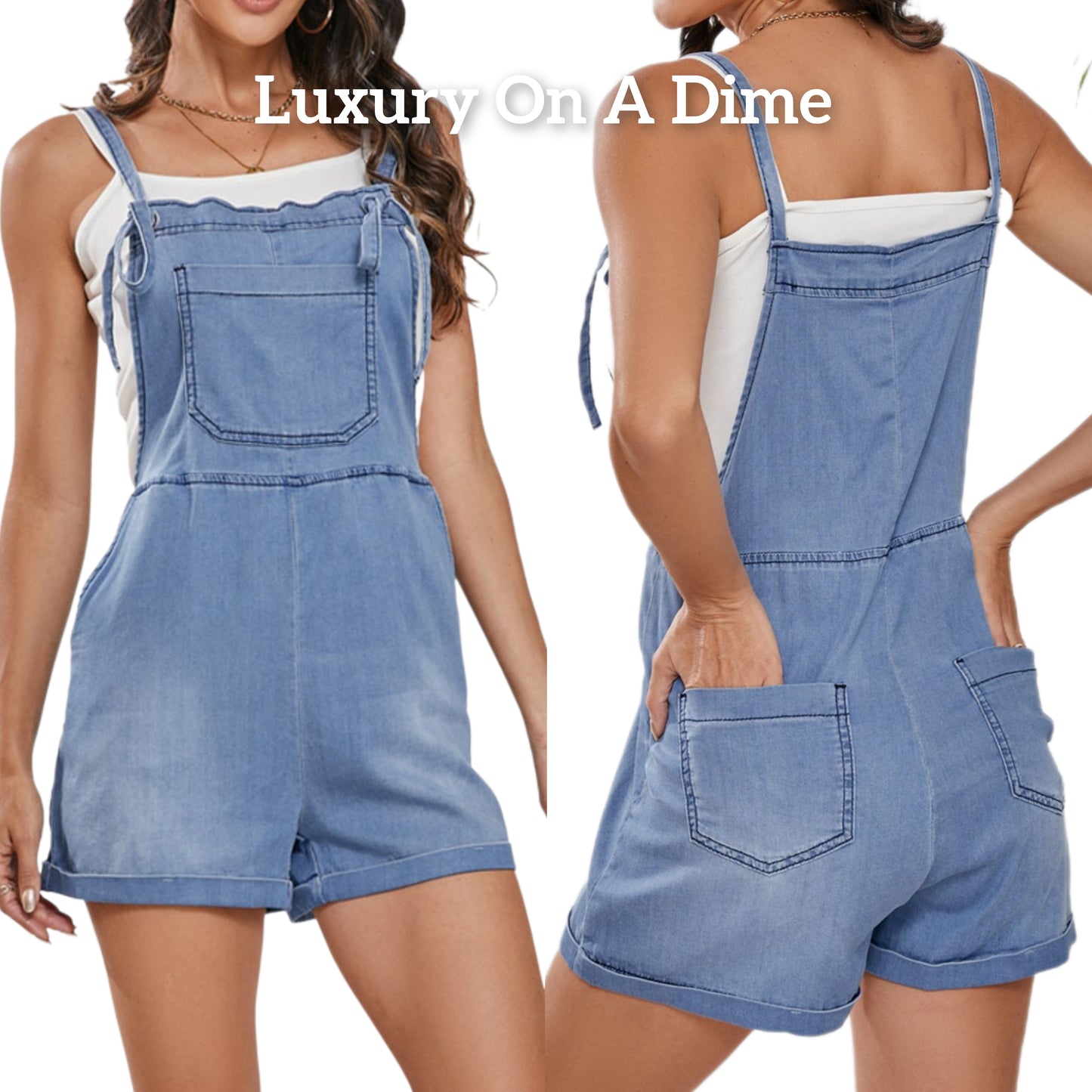 Patch Pocket Overall One-piece Sleeveless Cuffed Retro Jean Shorts Denim Romper