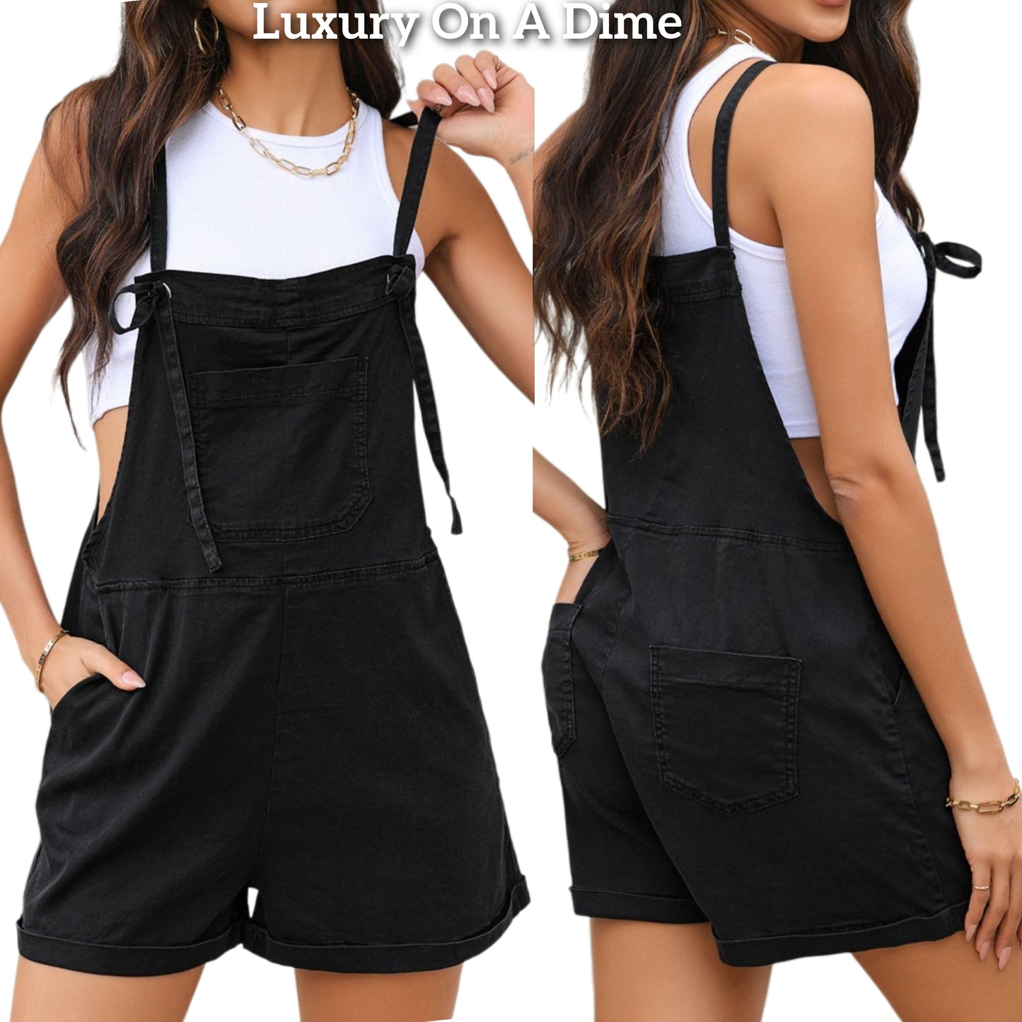 Patch Pocket Overall One-piece Sleeveless Cuffed Retro Jean Shorts Denim Romper