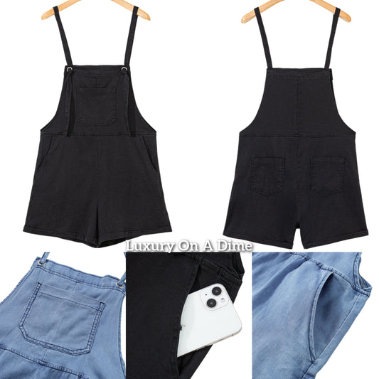 Patch Pocket Overall One-piece Sleeveless Cuffed Retro Jean Shorts Denim Romper