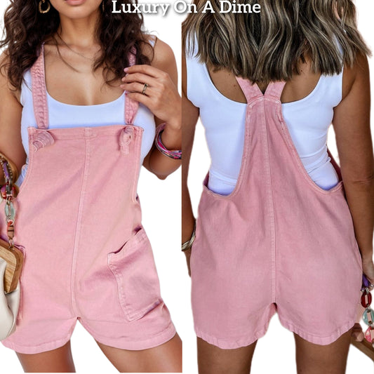 Patch Pocket Overall One-piece Sleeveless Knot Retro Jean Shorts Denim Romper