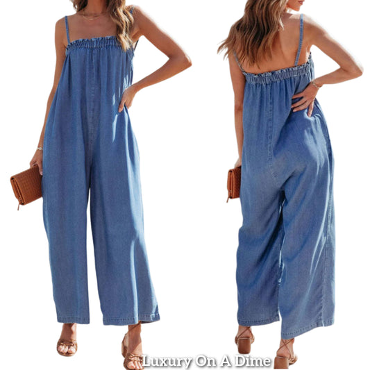 Oversized Retro Denim Wide Leg Smocked Sleeveless Blue Jean Pant Jumpsuit