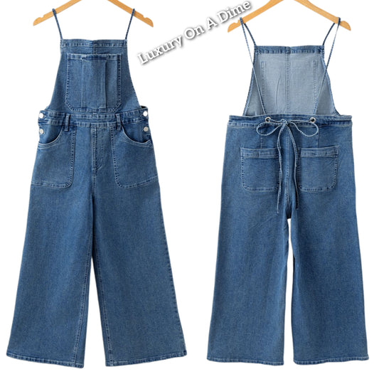 Retro Patch Pocket Denim Wide Leg Sleeveless Open Back Jean Pant Overalls