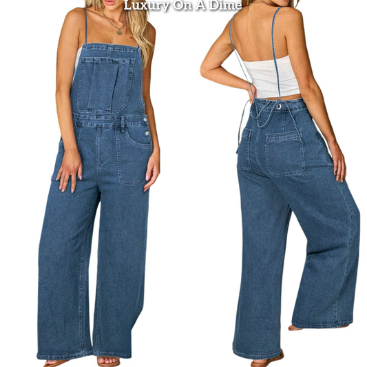 Retro Patch Pocket Denim Wide Leg Sleeveless Open Back Jean Pant Overalls