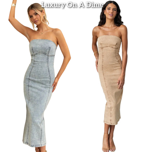 Strapless Denim Midi Fitted Mermaid Jean Bodycon Backless Slit Hem Tube Dress