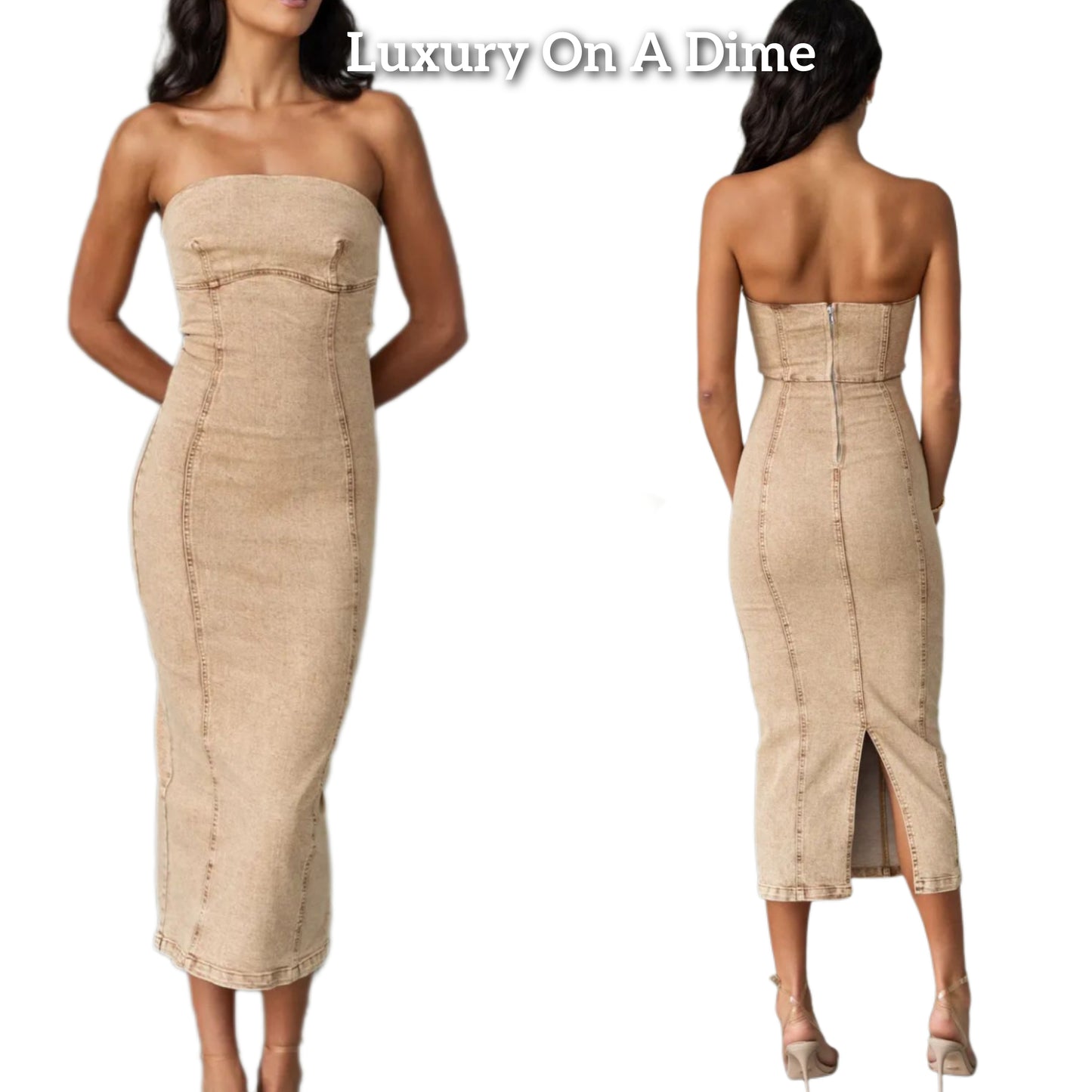 Strapless Denim Midi Fitted Mermaid Jean Bodycon Backless Slit Hem Tube Dress