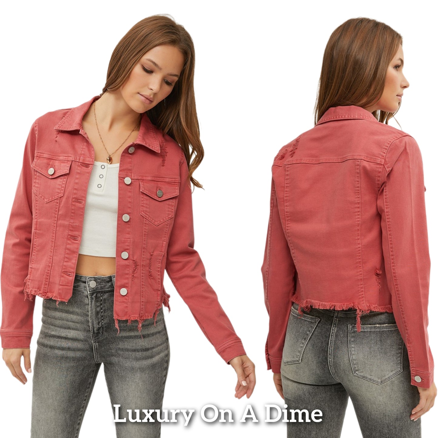 RISEN Distressed Brick Red Jean Jacket Cropped Raw Hem Denim Long Sleeve Button-Up