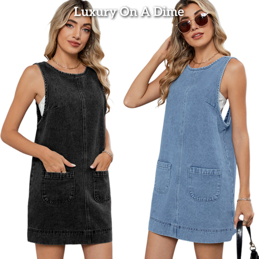 Patch Pocket Overall Jean Dress Sleeveless Low Scoop Back One-piece Denim Mini