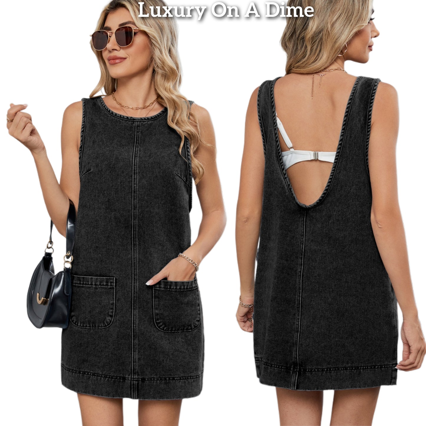 Patch Pocket Overall Jean Dress Sleeveless Low Scoop Back One-piece Denim Mini
