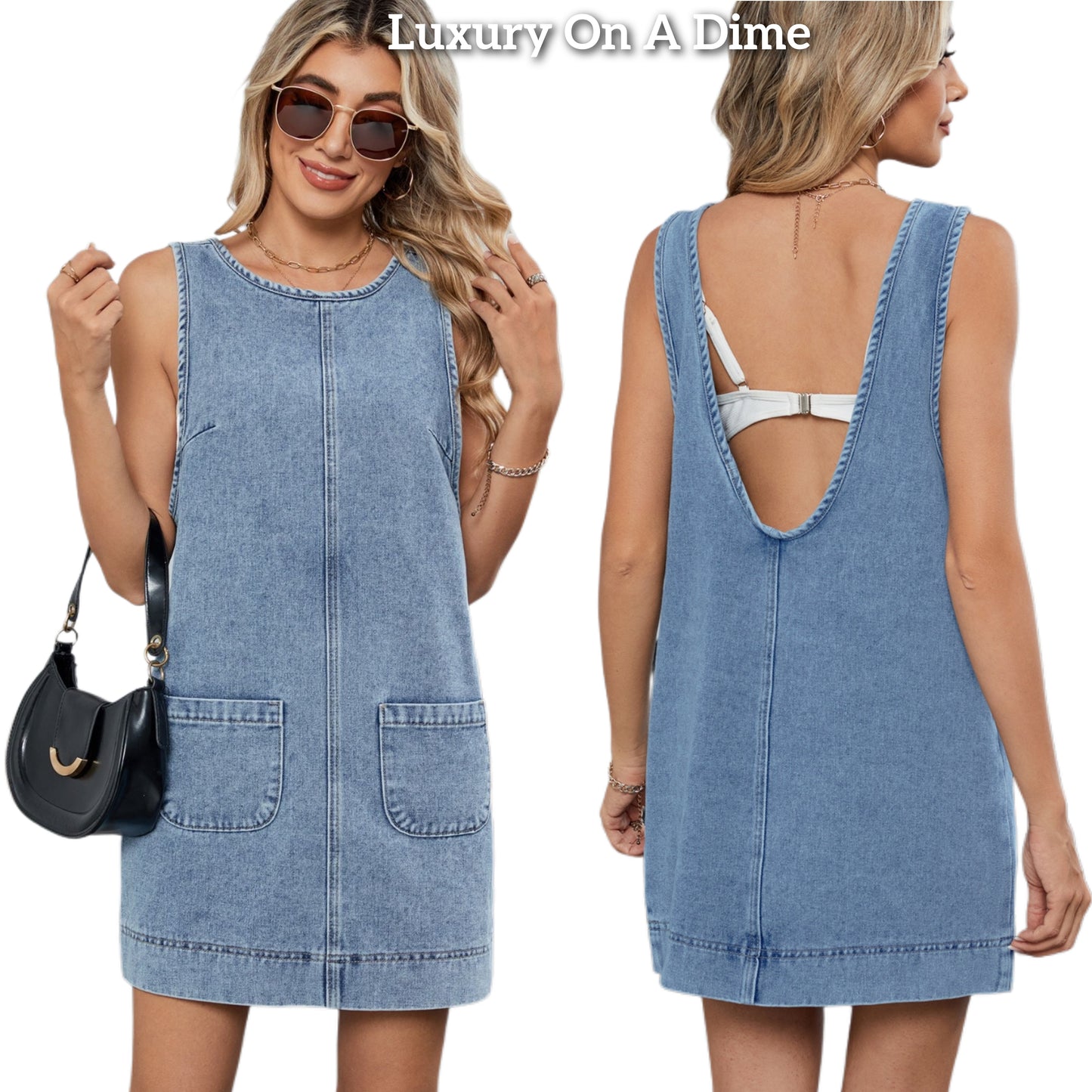 Patch Pocket Overall Jean Dress Sleeveless Low Scoop Back One-piece Denim Mini