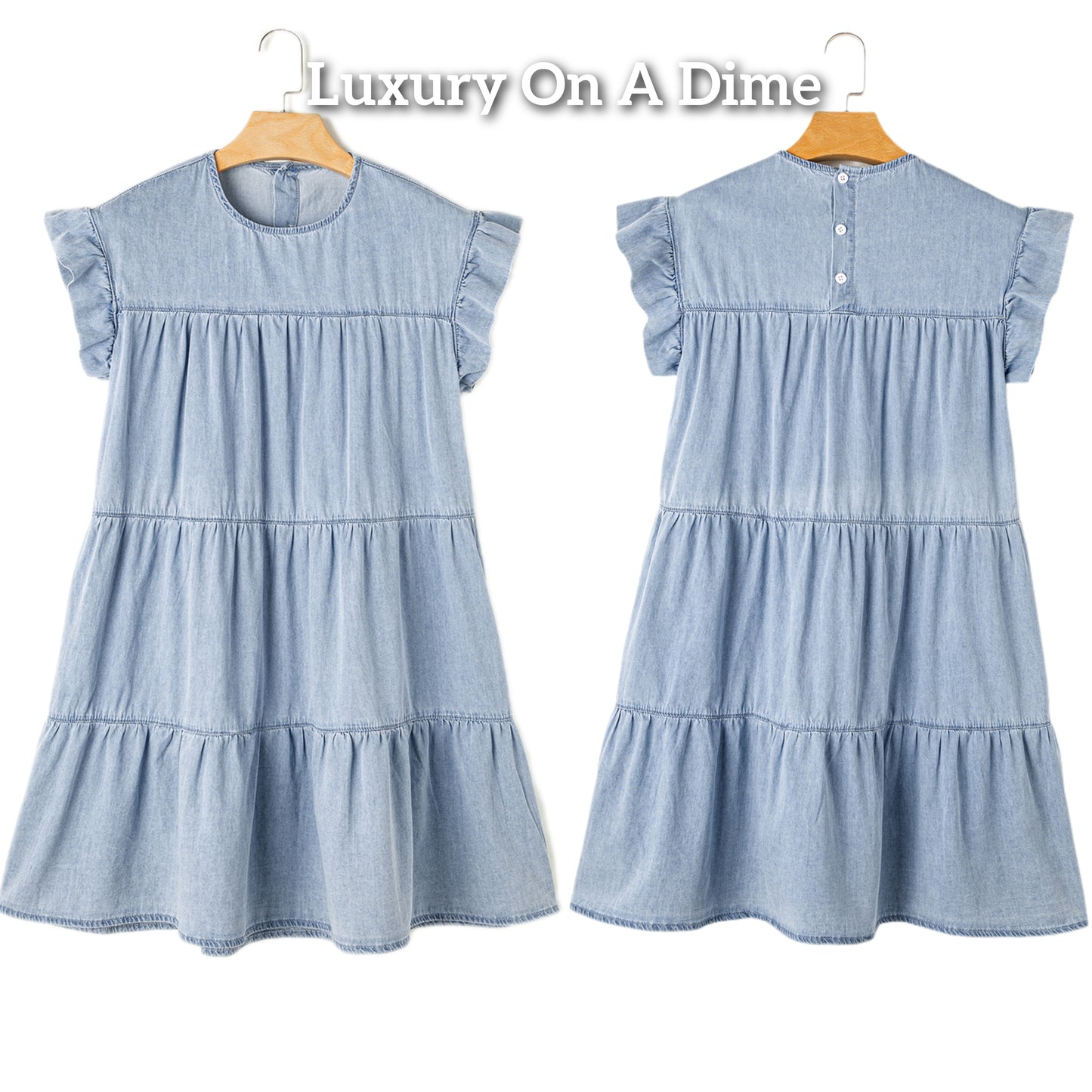 Babydoll Mini Dress Ruffle Cap Denim A-line Short Sleeve Blue Jean Tiered