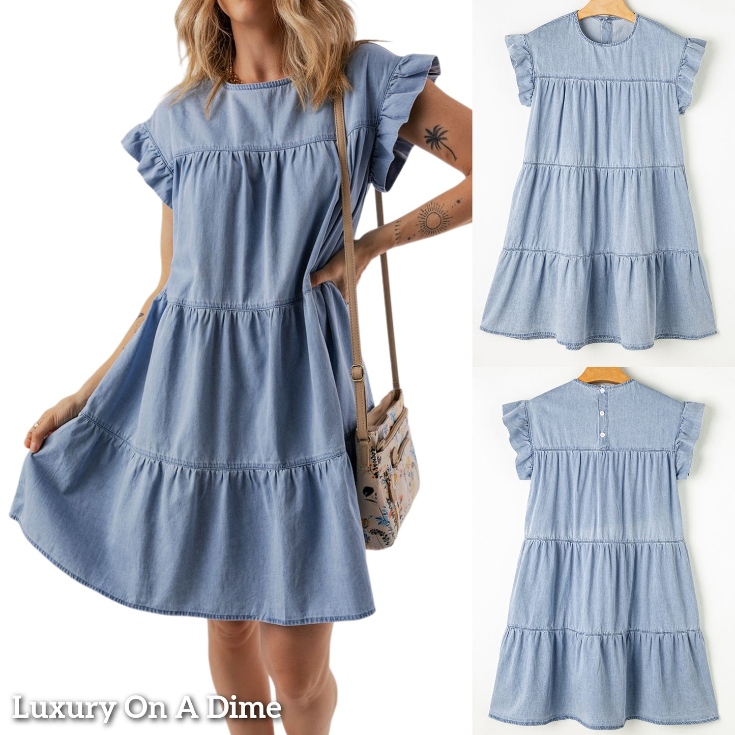 Babydoll Mini Dress Ruffle Cap Denim A-line Short Sleeve Blue Jean Tiered