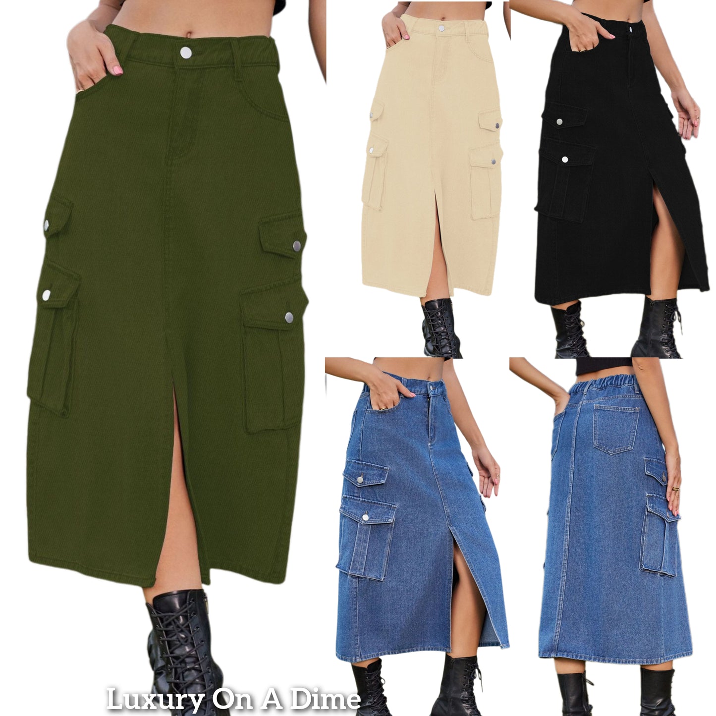 High-Rise Midi Retro Cargo Side Pocket Button Elastic Waist Denim Jean Slit Skirt