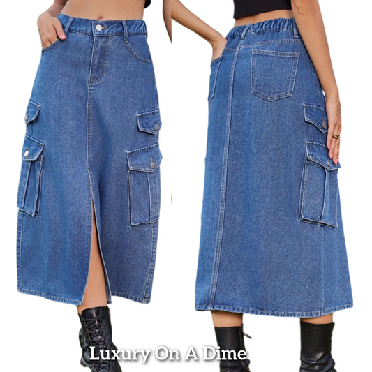 High-Rise Midi Retro Cargo Side Pocket Button Elastic Waist Denim Jean Slit Skirt