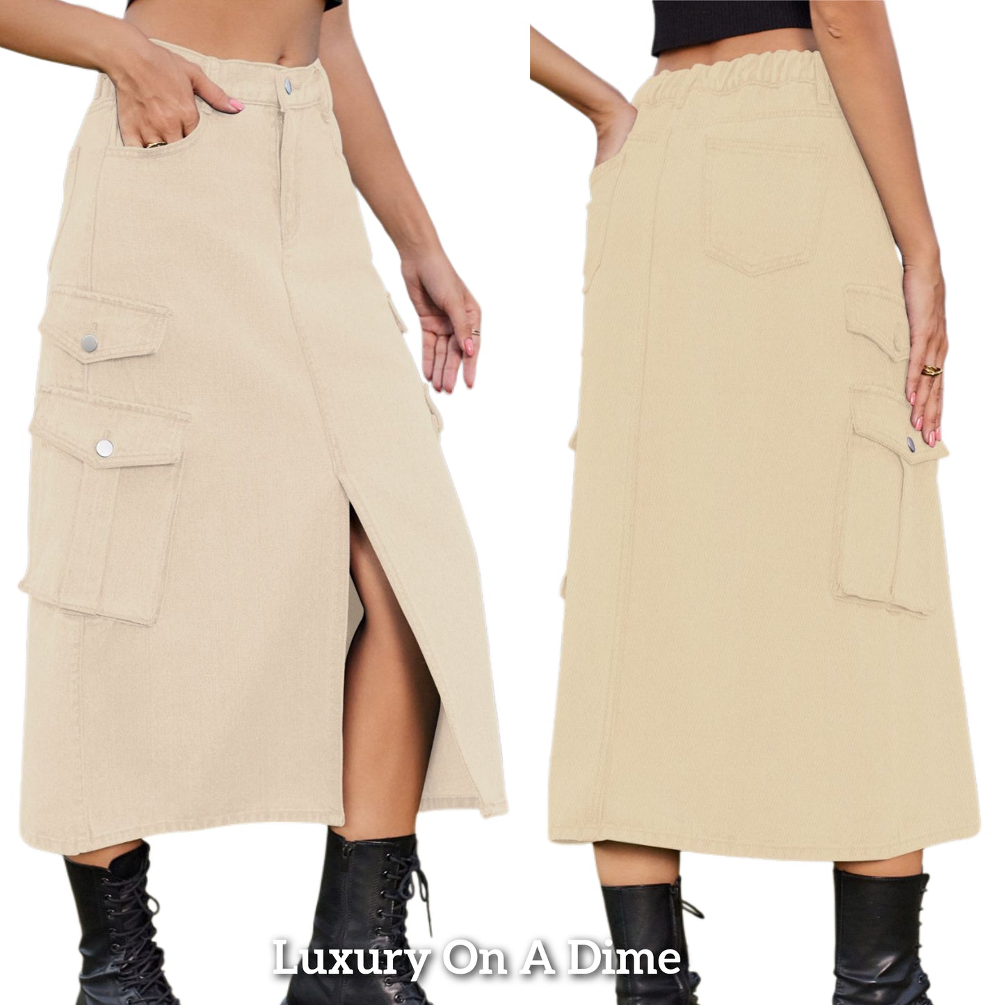 High-Rise Midi Retro Cargo Side Pocket Button Elastic Waist Denim Jean Slit Skirt