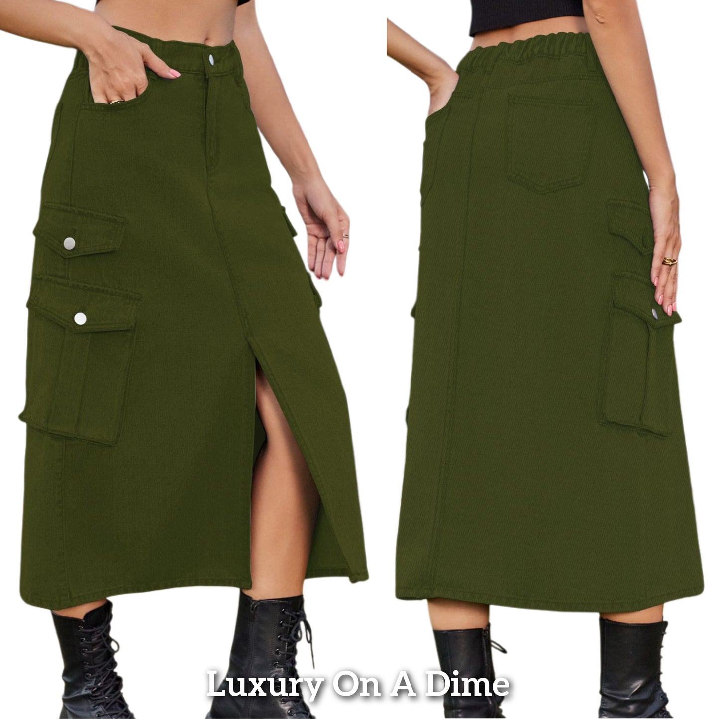 High-Rise Midi Retro Cargo Side Pocket Button Elastic Waist Denim Jean Slit Skirt