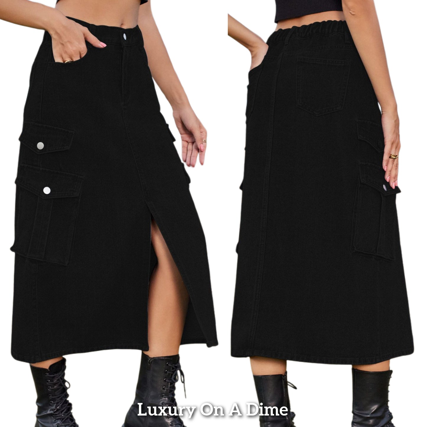 High-Rise Midi Retro Cargo Side Pocket Button Elastic Waist Denim Jean Slit Skirt