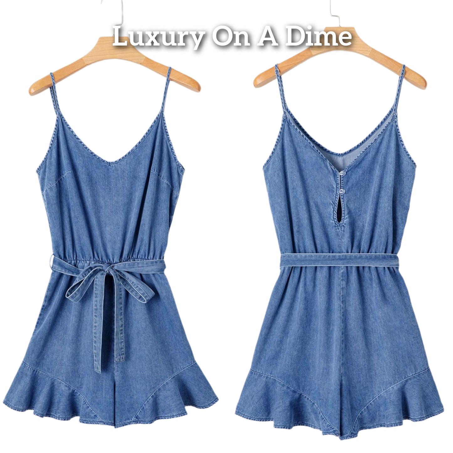 Denim Ruffle Flare Shorts Romper Sleeveless Belted Jean Chambray One-piece