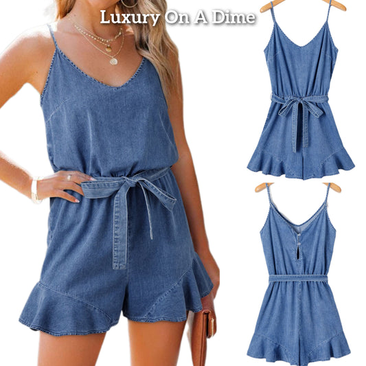 Denim Ruffle Flare Shorts Romper Sleeveless Belted Jean Chambray One-piece