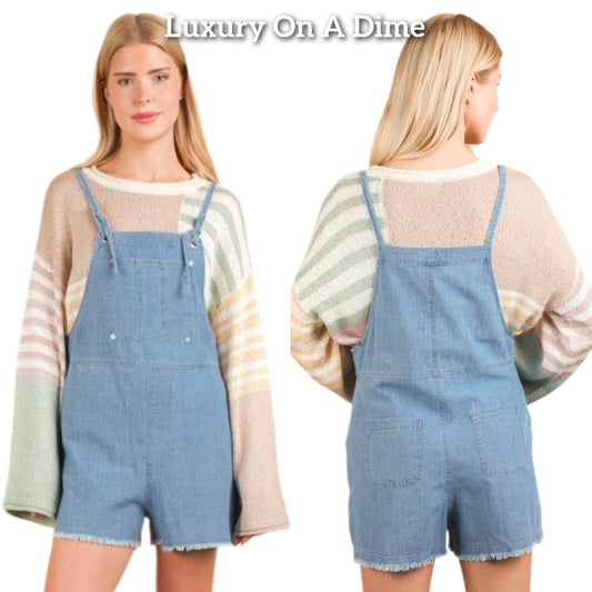Very J Overalls One-piece Sleeveless Knot Patch Pocket Jean Shorts Denim Romper