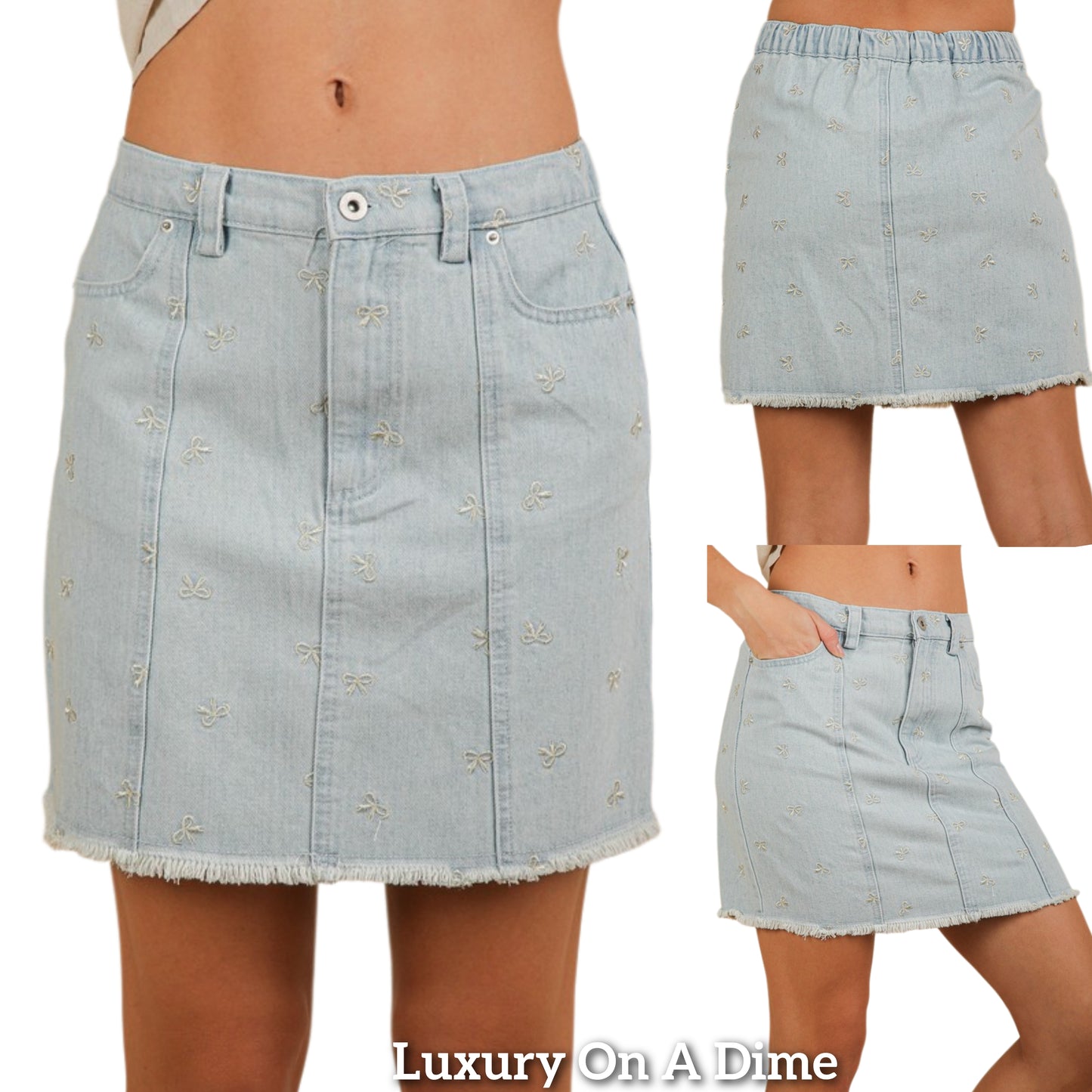Very J Embroidered Bow Denim Elastic Waist Jean Mini Skirt Raw Cut-off Hem