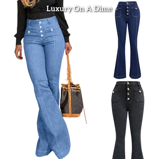 High-Rise Button Fly 70's Flare Bell-Bottom Slim Fit Jeans Patch Pocket Denim Pants