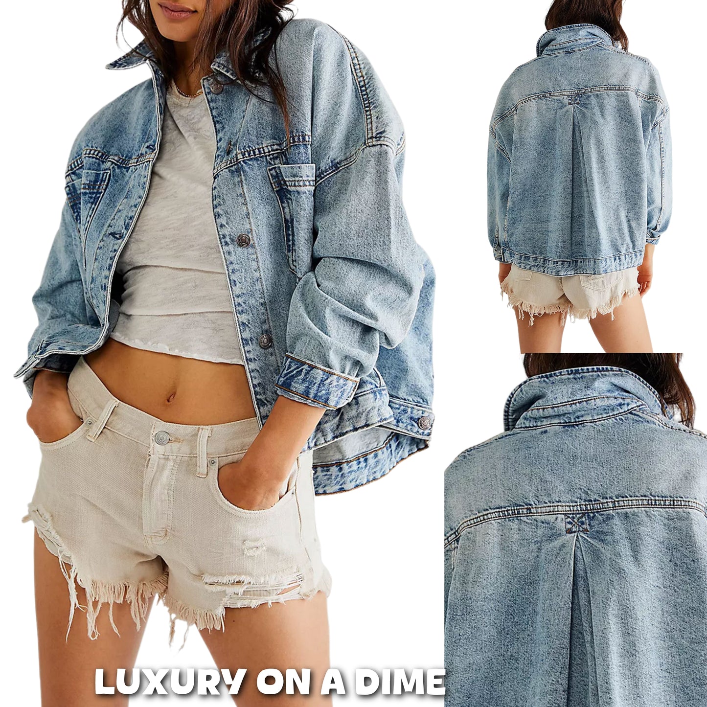 Oversized Boyfriend Collar Denim Button-Up Chest Pocket Retro Blue Jean Jacket