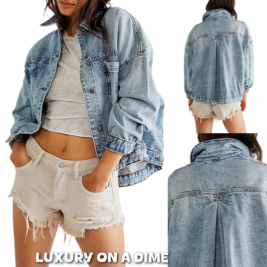 Oversized Boyfriend Collar Denim Button-Up Chest Pocket Retro Blue Jean Jacket
