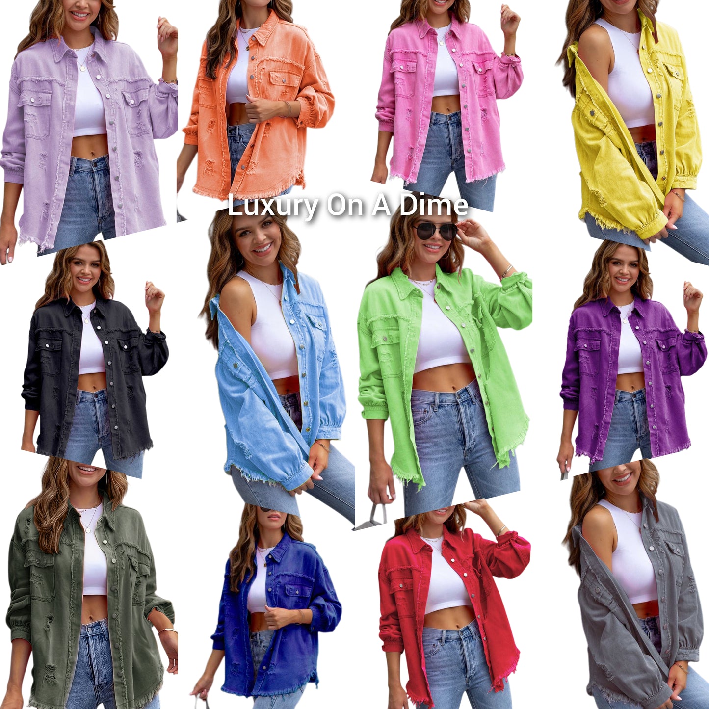 Oversized Distressed Denim Exposed Seam Button-Up Frayed Hem Jean Jacket