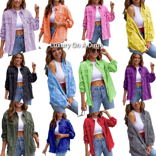 Oversized Distressed Denim Exposed Seam Button-Up Frayed Hem Jean Jacket