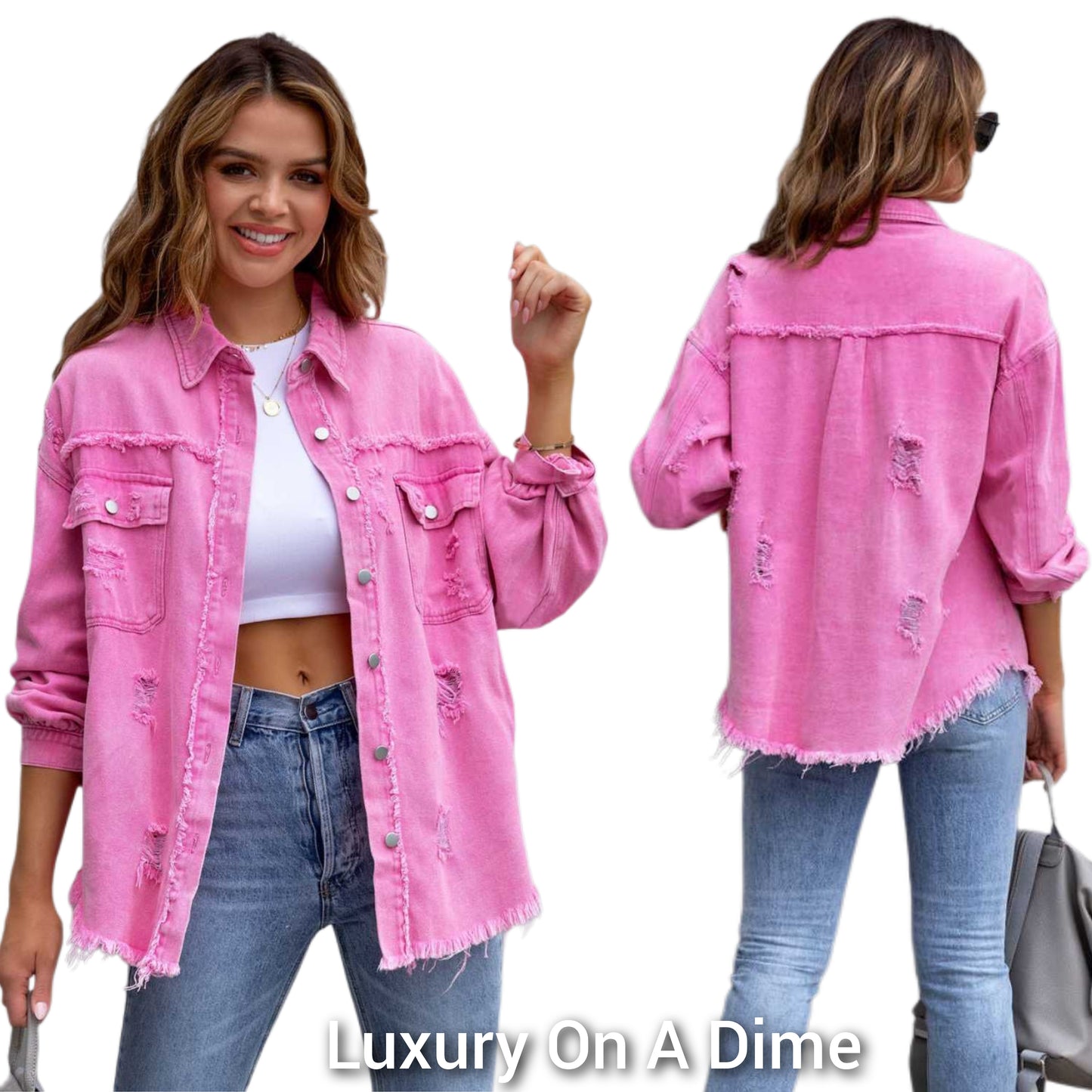 Oversized Distressed Denim Exposed Seam Button-Up Frayed Hem Jean Jacket